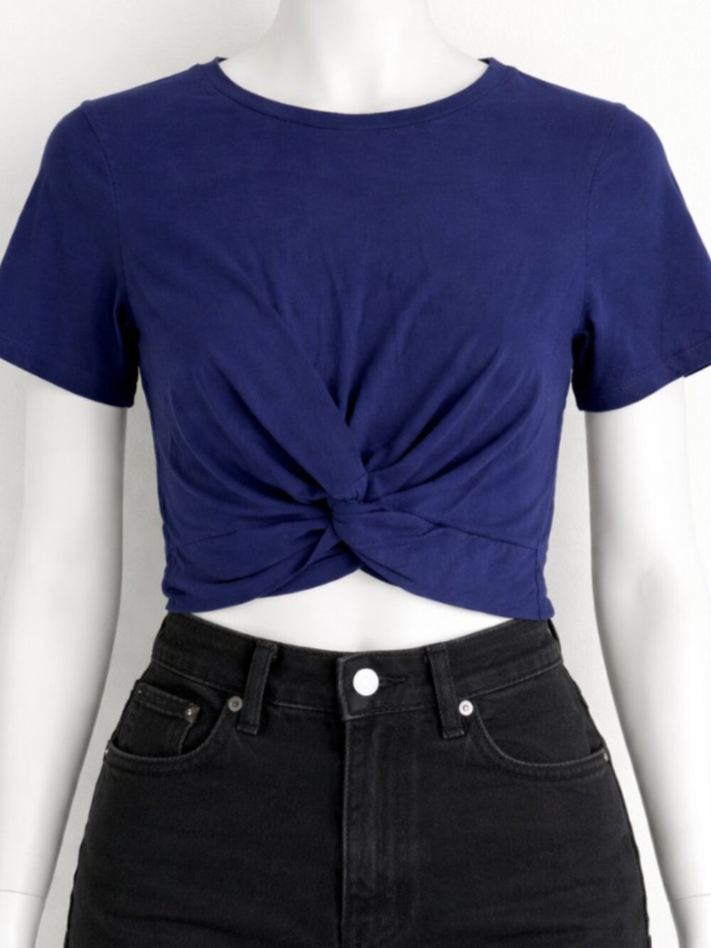 Forever 21 Womens Small Crop Top Navy Blue Twist Front Short Sleeve